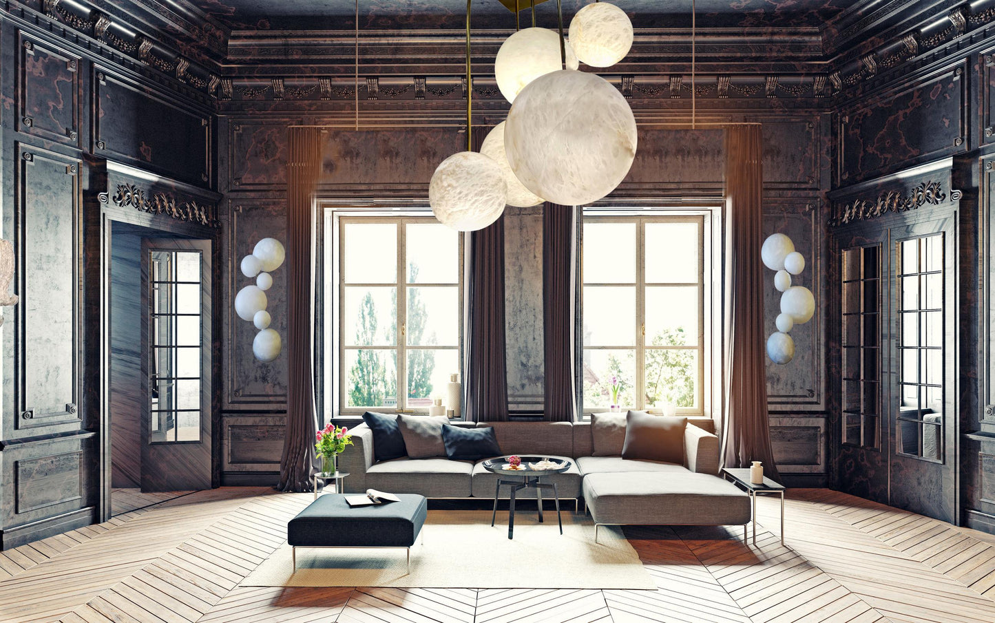 Galaxy Contemporary Italian Alabaster Marble Globe Chandelier