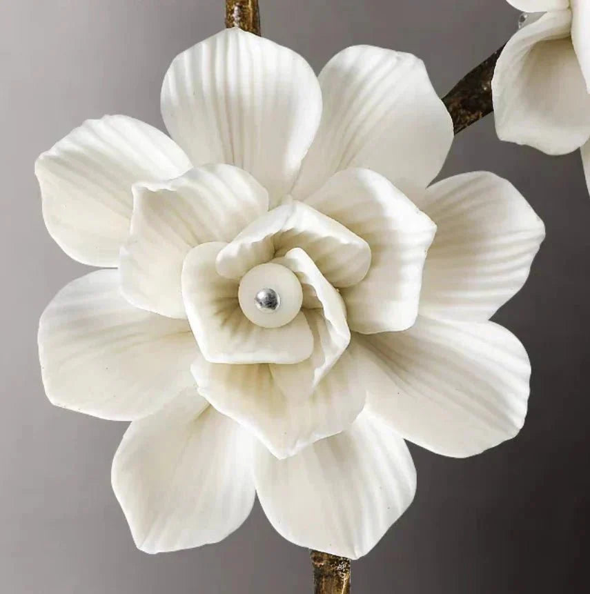 Brass and Ceramic Flower Art Chandelier Post Modern Light Luxury Style for Living and Dining Areas