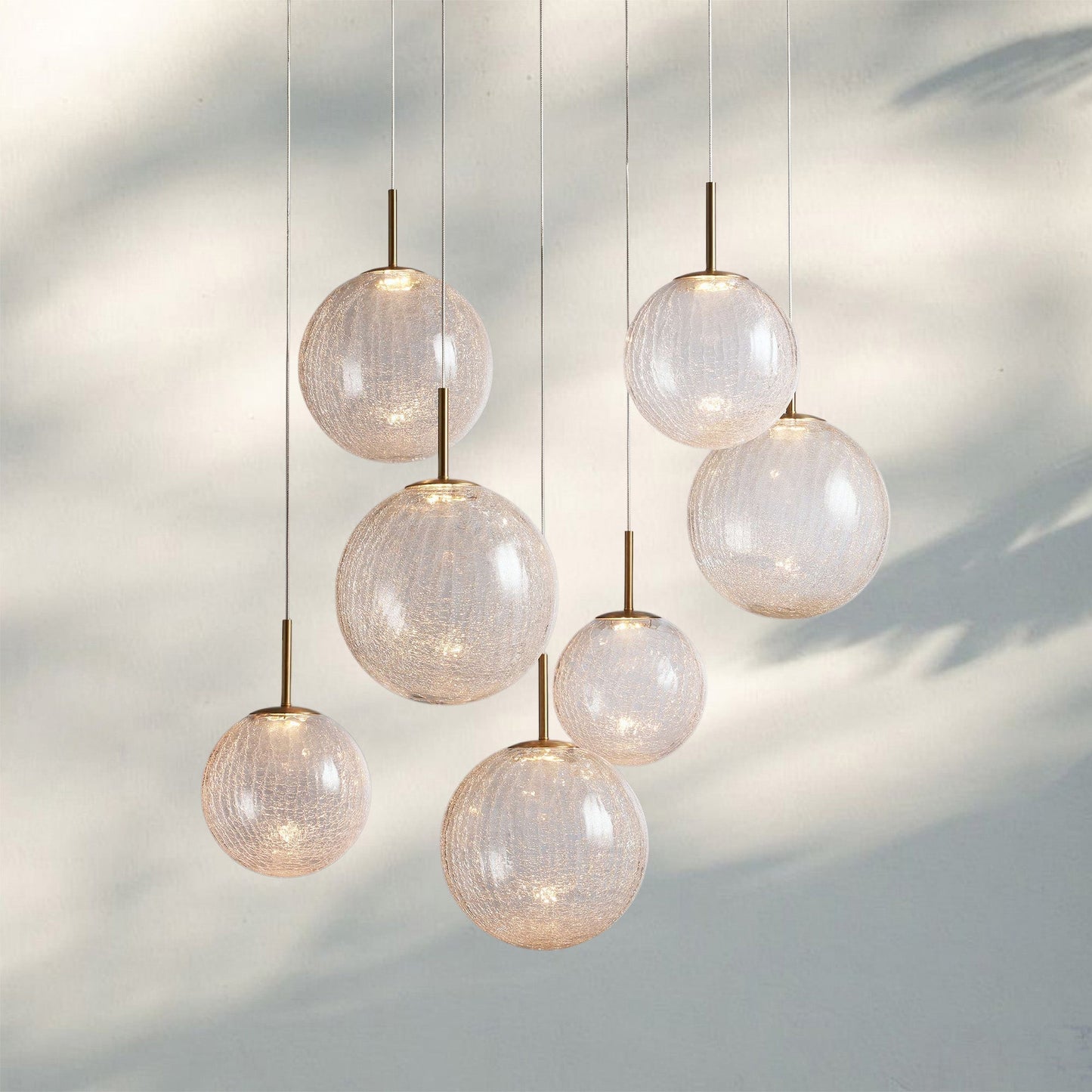 Casen Modern Round Chandelier - Hand-Blown Crackle Glass & Satin Brass LED Pendant Light