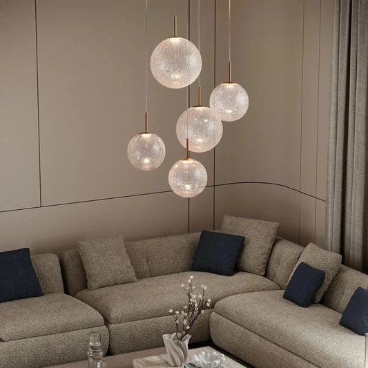 Casen Modern Round Chandelier - Hand-Blown Crackle Glass & Satin Brass LED Pendant Light
