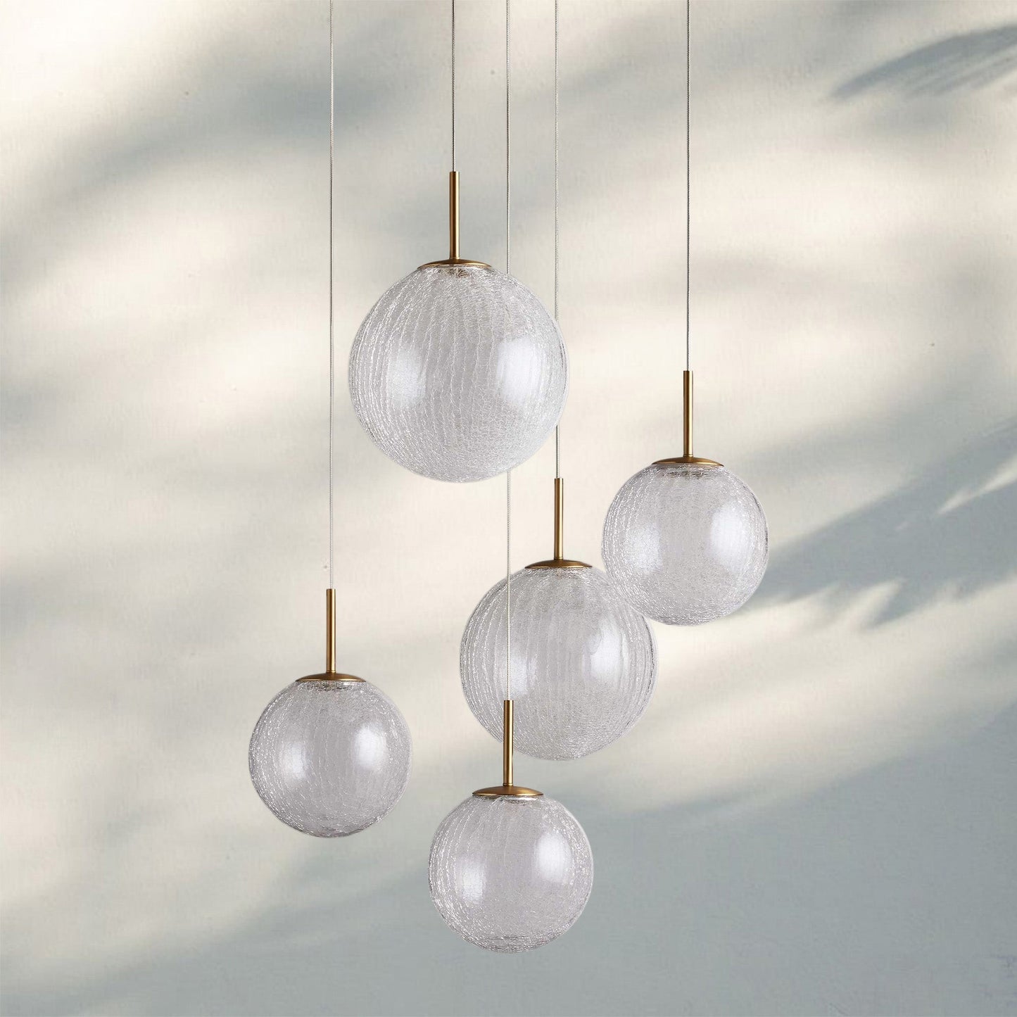 Casen Modern Round Chandelier - Hand-Blown Crackle Glass & Satin Brass LED Pendant Light