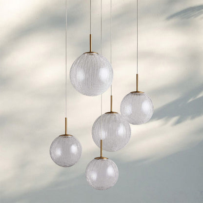 Casen Modern Round Chandelier - Hand-Blown Crackle Glass & Satin Brass LED Pendant Light