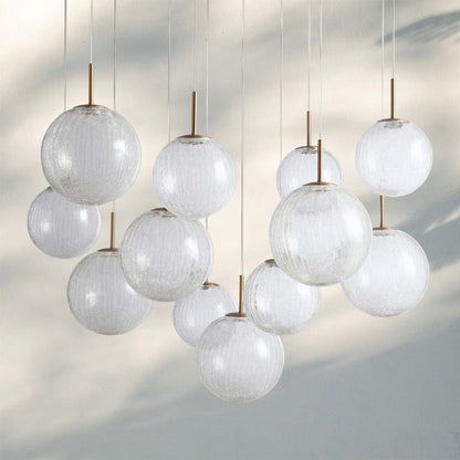 Casen Modern Round Chandelier - Hand-Blown Crackle Glass & Satin Brass LED Pendant Light