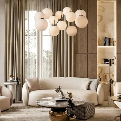Casen Modern Round Chandelier - Hand-Blown Crackle Glass & Satin Brass LED Pendant Light