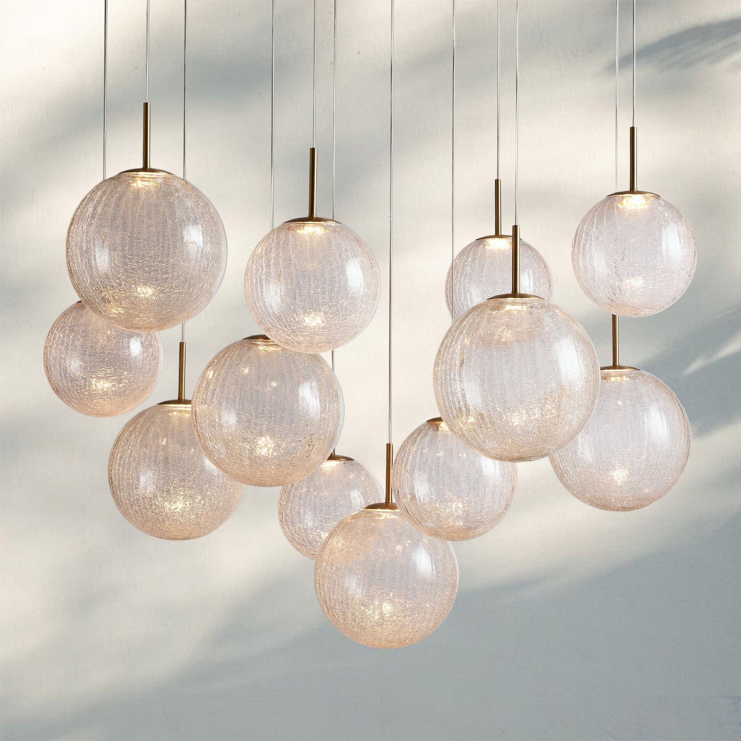 Casen Modern Round Chandelier - Hand-Blown Crackle Glass & Satin Brass LED Pendant Light