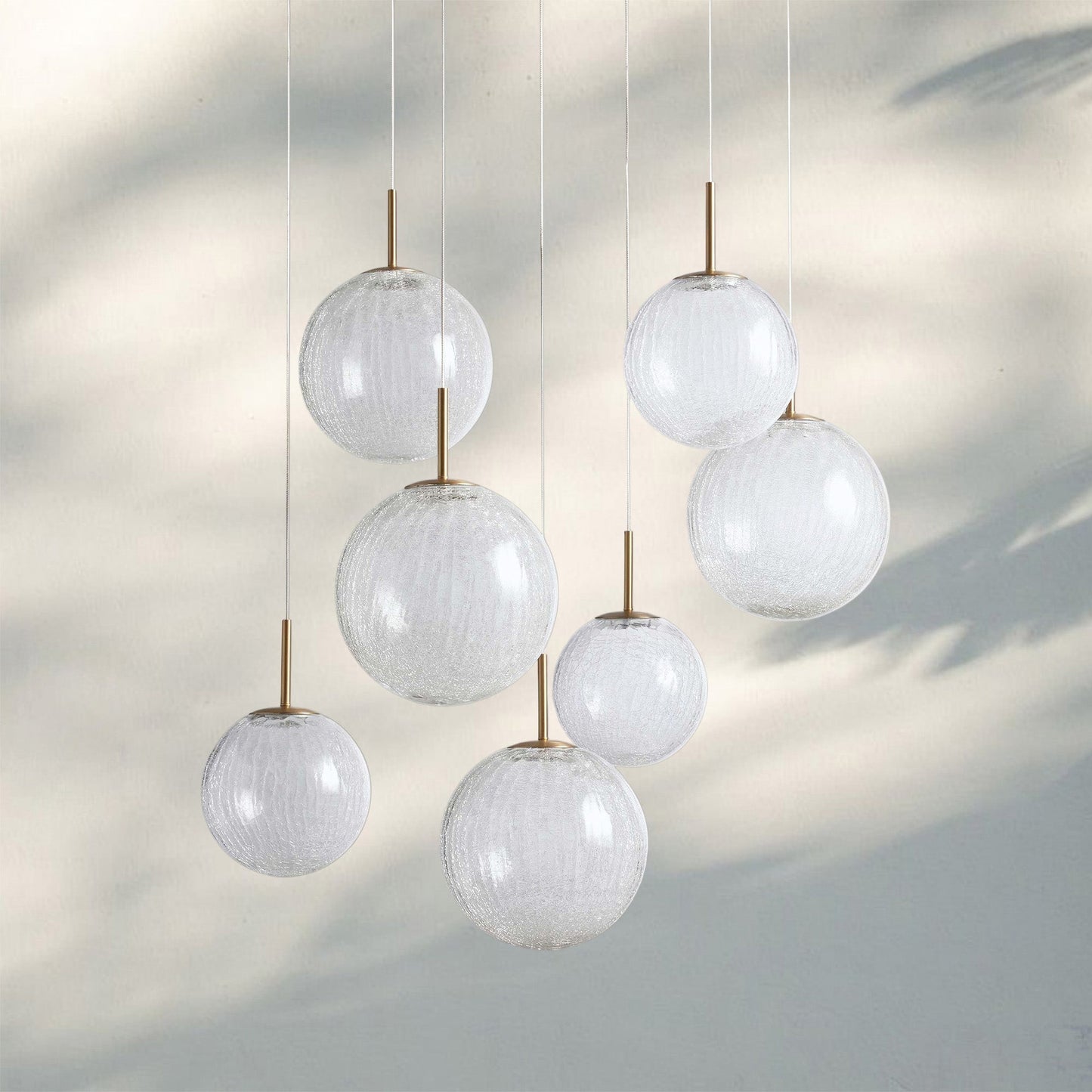 Casen Modern Round Chandelier - Hand-Blown Crackle Glass & Satin Brass LED Pendant Light