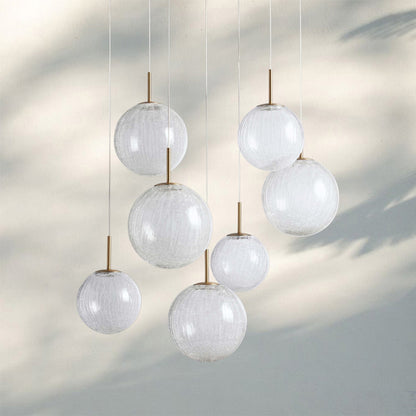 Casen Modern Round Chandelier - Hand-Blown Crackle Glass & Satin Brass LED Pendant Light
