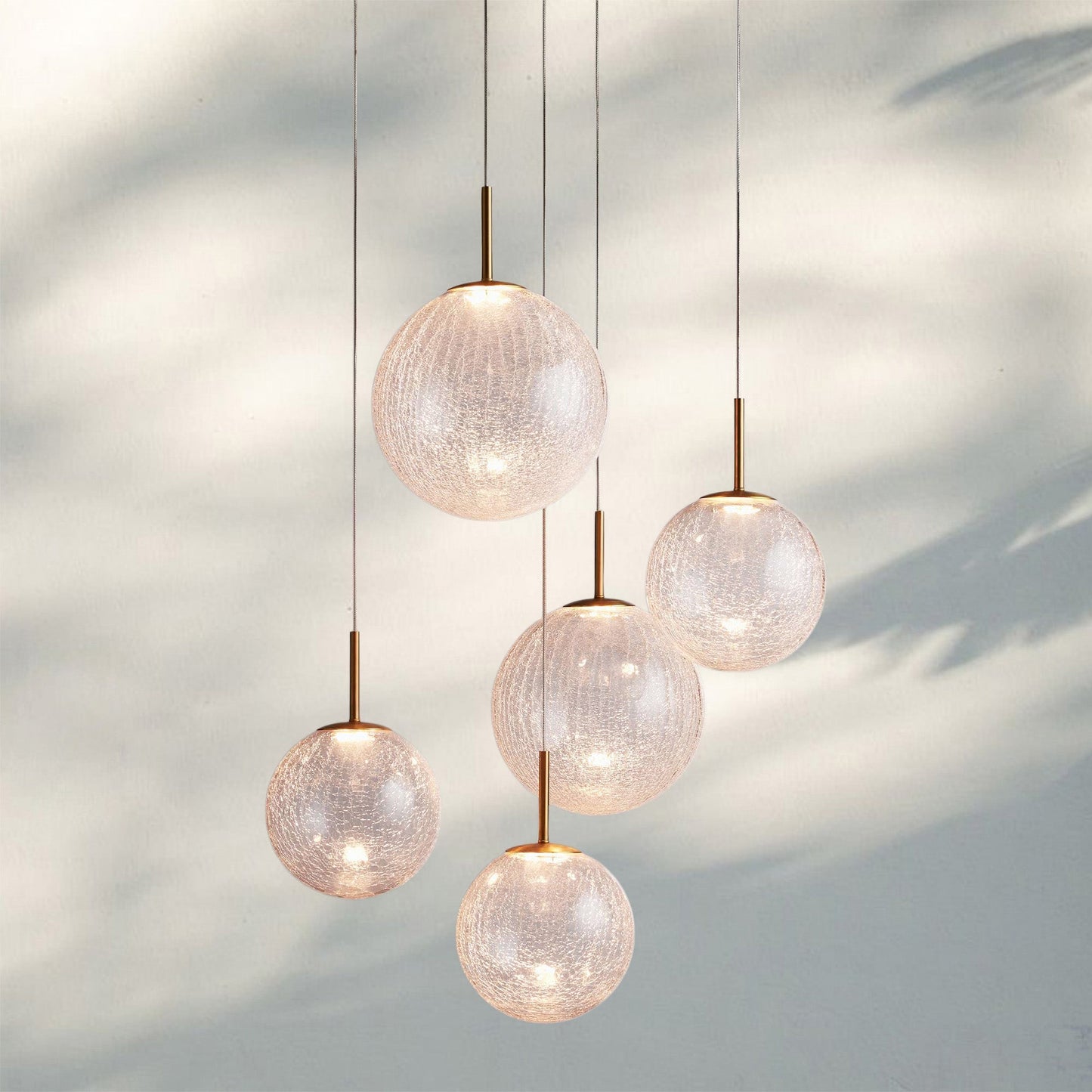 Casen Modern Round Chandelier - Hand-Blown Crackle Glass & Satin Brass LED Pendant Light