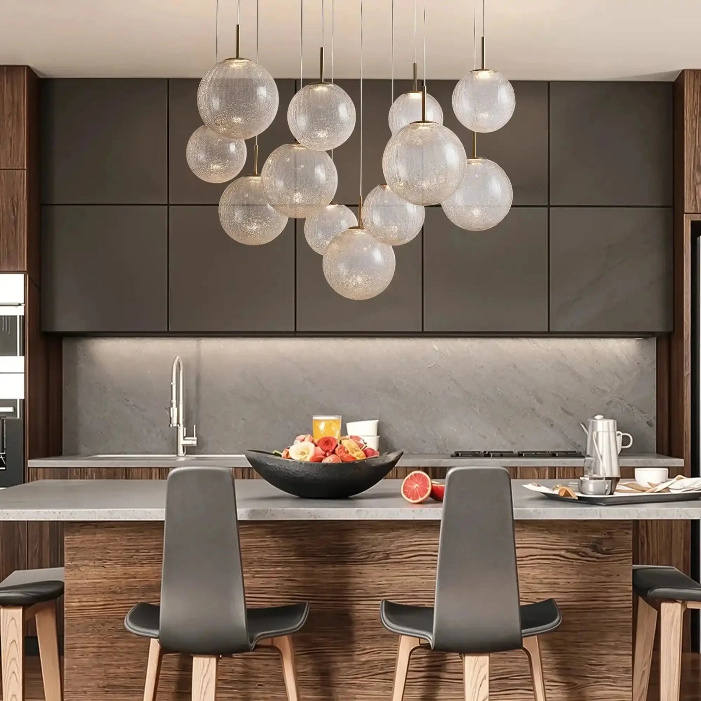 Casen Modern Round Chandelier - Hand-Blown Crackle Glass & Satin Brass LED Pendant Light