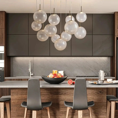 Casen Modern Round Chandelier - Hand-Blown Crackle Glass & Satin Brass LED Pendant Light