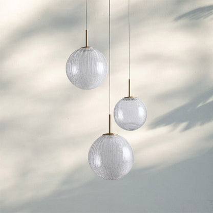 Casen Modern Round Chandelier - Hand-Blown Crackle Glass & Satin Brass LED Pendant Light