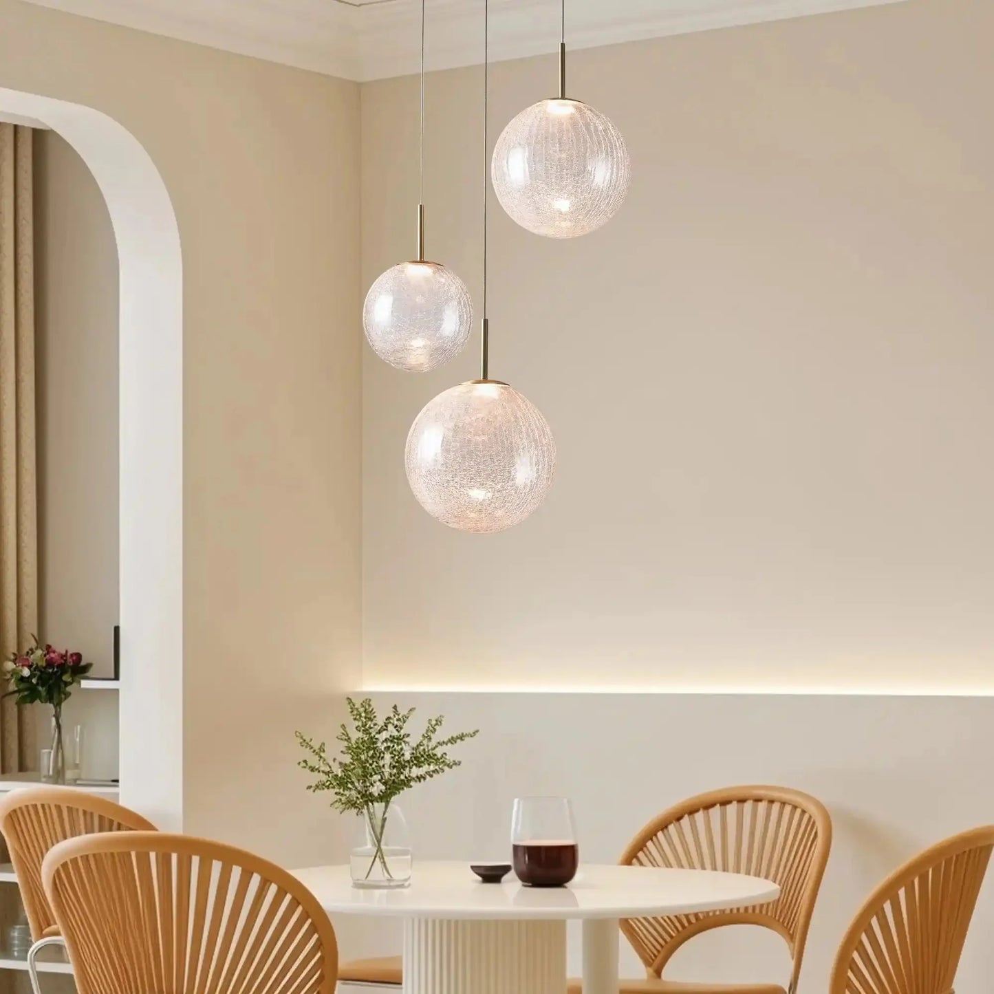 Casen Modern Round Chandelier - Hand-Blown Crackle Glass & Satin Brass LED Pendant Light