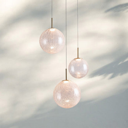 Casen Modern Round Chandelier - Hand-Blown Crackle Glass & Satin Brass LED Pendant Light