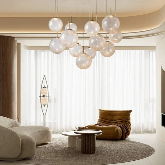 Casen Modern Round Chandelier - Hand-Blown Crackle Glass & Satin Brass LED Pendant Light