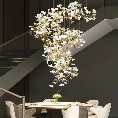 Ceramic Ginkgo Cascading B (Spiral) Branch Chandelier