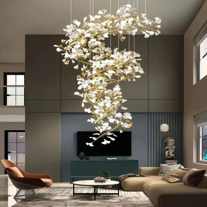 Ceramic Ginkgo Cascading B (Spiral) Branch Chandelier