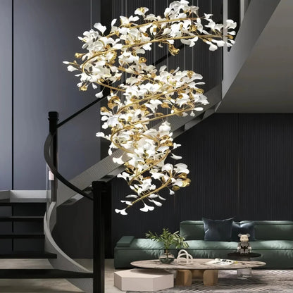 Ceramic Ginkgo Cascading B (Spiral) Branch Chandelier