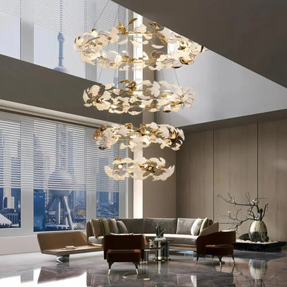 Ceramic Ginkgo Rings Linear Branch Chandelier