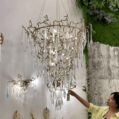 Chic Modern French Branch Copper Crystal Chandelier for Living Room Foyer and Dining Room Lighting