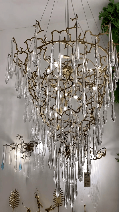 Chic Modern French Branch Copper Crystal Chandelier for Living Room Foyer and Dining Room Lighting