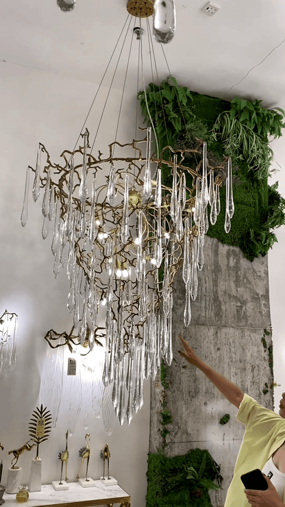 Chic Modern French Branch Copper Crystal Chandelier for Living Room Foyer and Dining Room Lighting