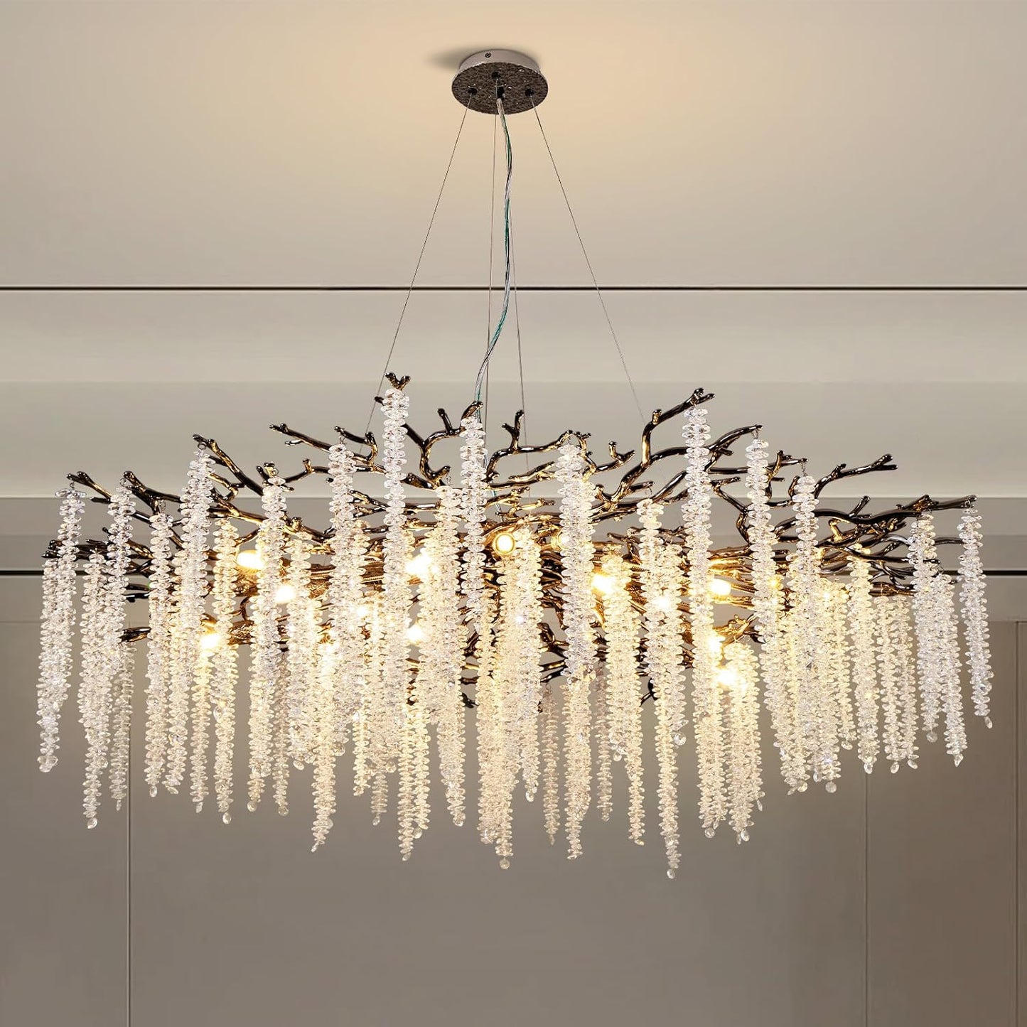 Crystal Chandelier for Dining Room – Modern Black Round Tree Branch Design