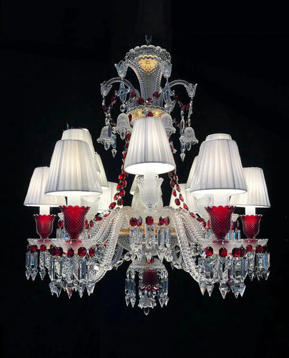 Custom Made Lustre 12 Lights Clear & Red Crystal Chandelier in Gold