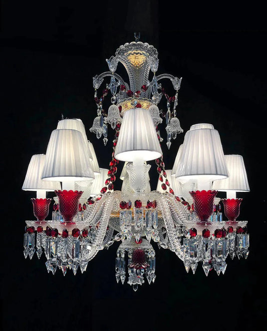 Custom Made Lustre 12 Lights Clear & Red Crystal Chandelier in Gold