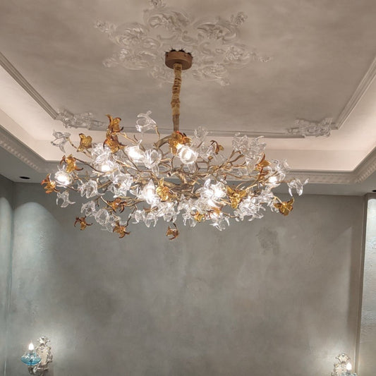 Designer Favorite Brass Branch Chandelier with Artistic Flower Glass for Dining Room Living Room and Kitchen Island