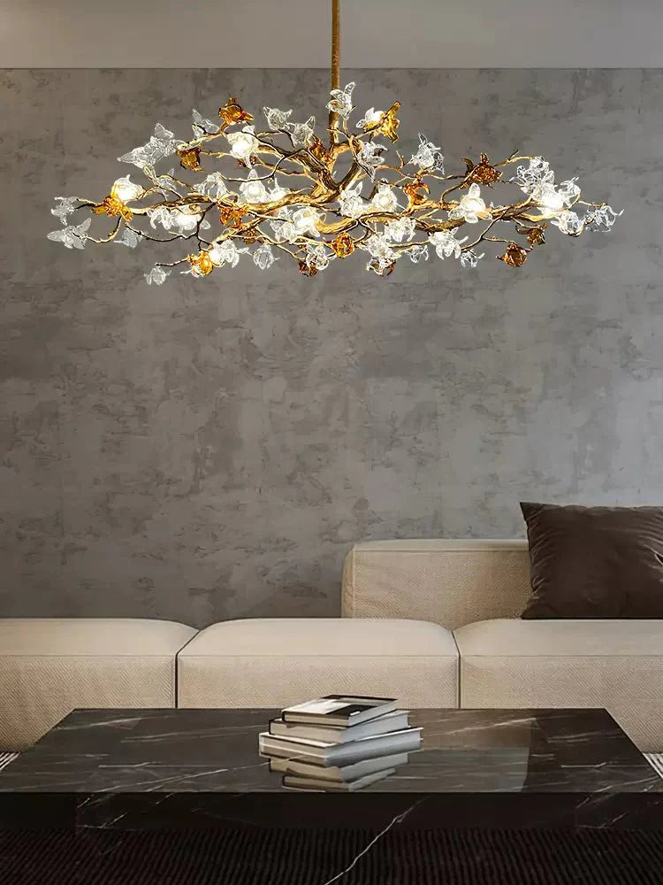 Designer Favorite Brass Branch Chandelier with Artistic Flower Glass for Dining Room Living Room and Kitchen Island