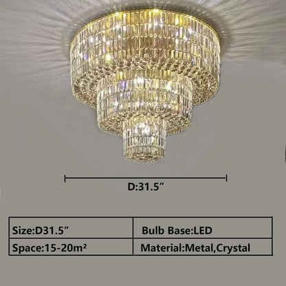 Extra Large Gold Flush Mount Crystal Light Round 3-layers Decorative Living Room/Dining Room Light Fixture