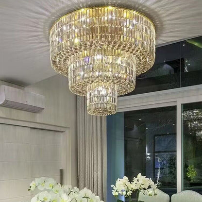 Extra Large Gold Flush Mount Crystal Light Round 3-layers Decorative Living Room/Dining Room Light Fixture
