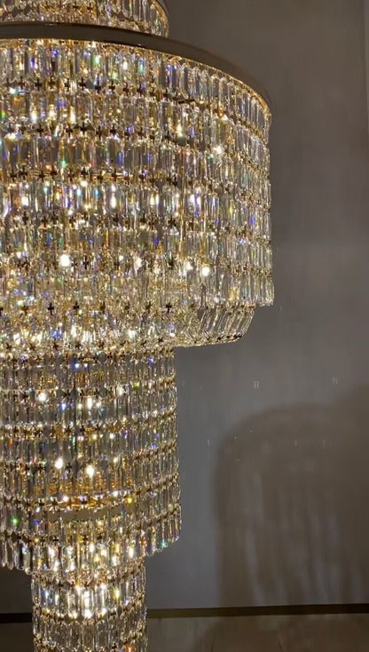 Extra Large Muti-tiered Round Crystal Chandelier with White Leather for High-ceiling