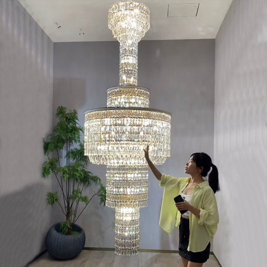 Extra Large Muti-tiered Round Crystal Chandelier with White Leather for High-ceiling