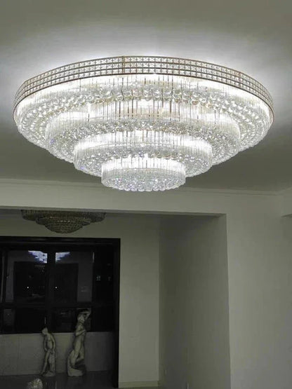 Extra Large Three Layers Round Luxury Flush Mounted Crystal Chandelier for Living Room
