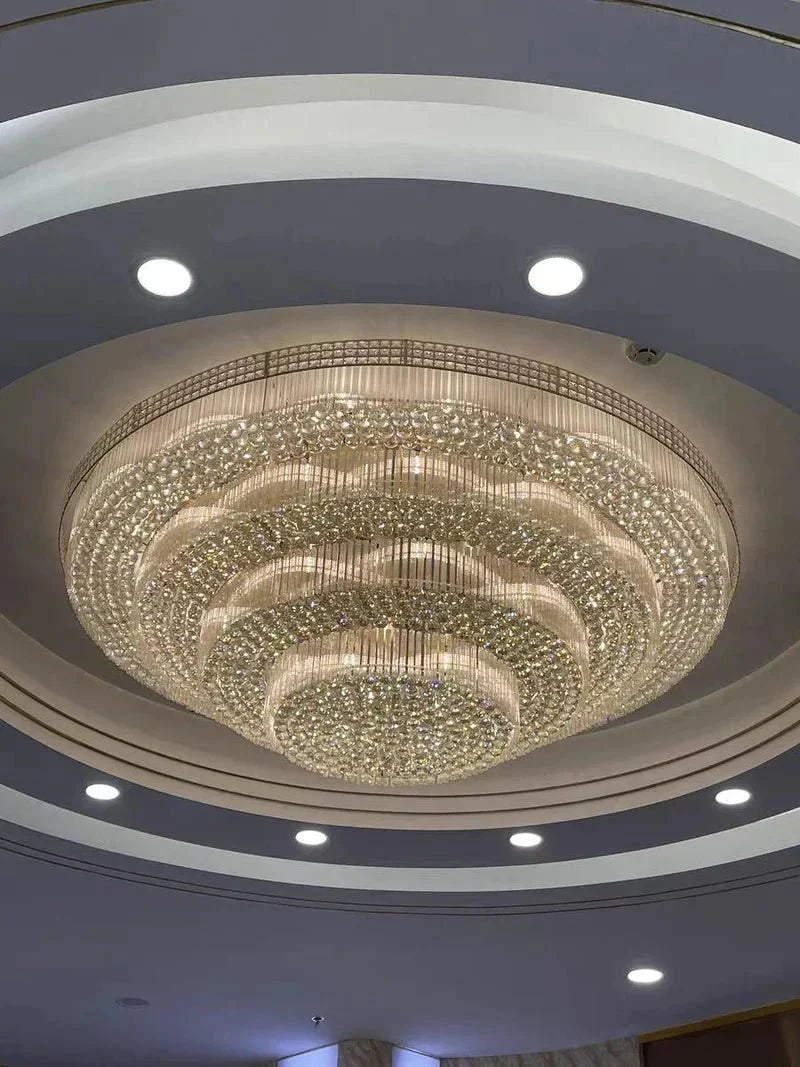 Extra Large Three Layers Round Luxury Flush Mounted Crystal Chandelier for Living Room