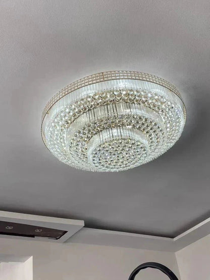 Extra Large Three Layers Round Luxury Flush Mounted Crystal Chandelier for Living Room