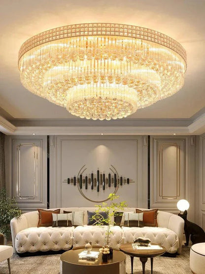 Extra Large Three Layers Round Luxury Flush Mounted Crystal Chandelier for Living Room