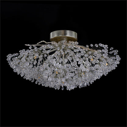 Hanasaku Flower Sixteen-Light Flush Mount in Antique Silver Leaf with Hand-Cut Crystal Accents