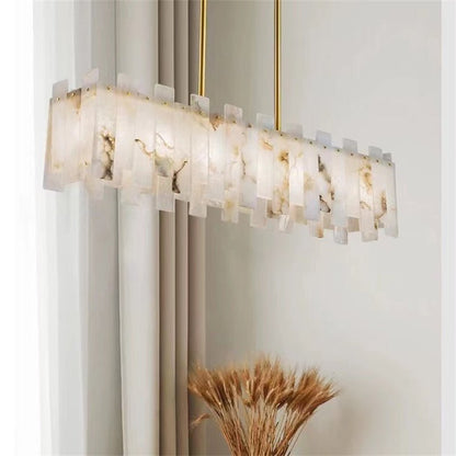 Jean Modern Marble Alabaster Linear Chandelier Over Dining Table