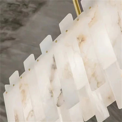 Jean Modern Marble Alabaster Linear Chandelier Over Dining Table