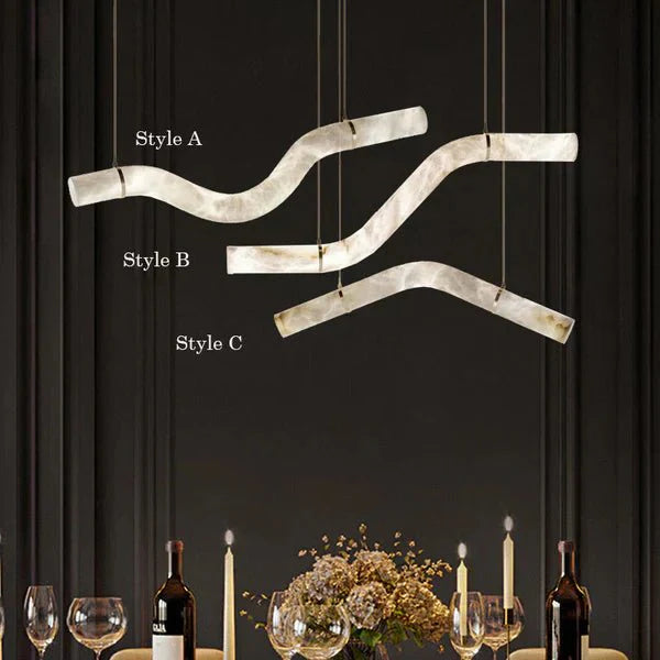 Liberty Curved Pendant Alabaster Chandelier, Pendant Light Over Dining Table