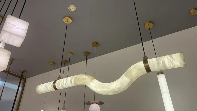 Liberty Curved Pendant Alabaster Chandelier, Pendant Light Over Dining Table