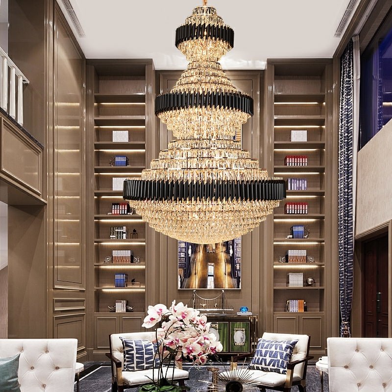 Modern Black Iron Crystal Chandelier For Foyer Staircase Luxurious Design Ceiling Light Fixture