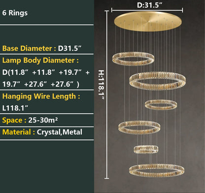 Modern Layered Ring Crystal Chandelier For High Ceiling Living Room /Foryer/Stairscase