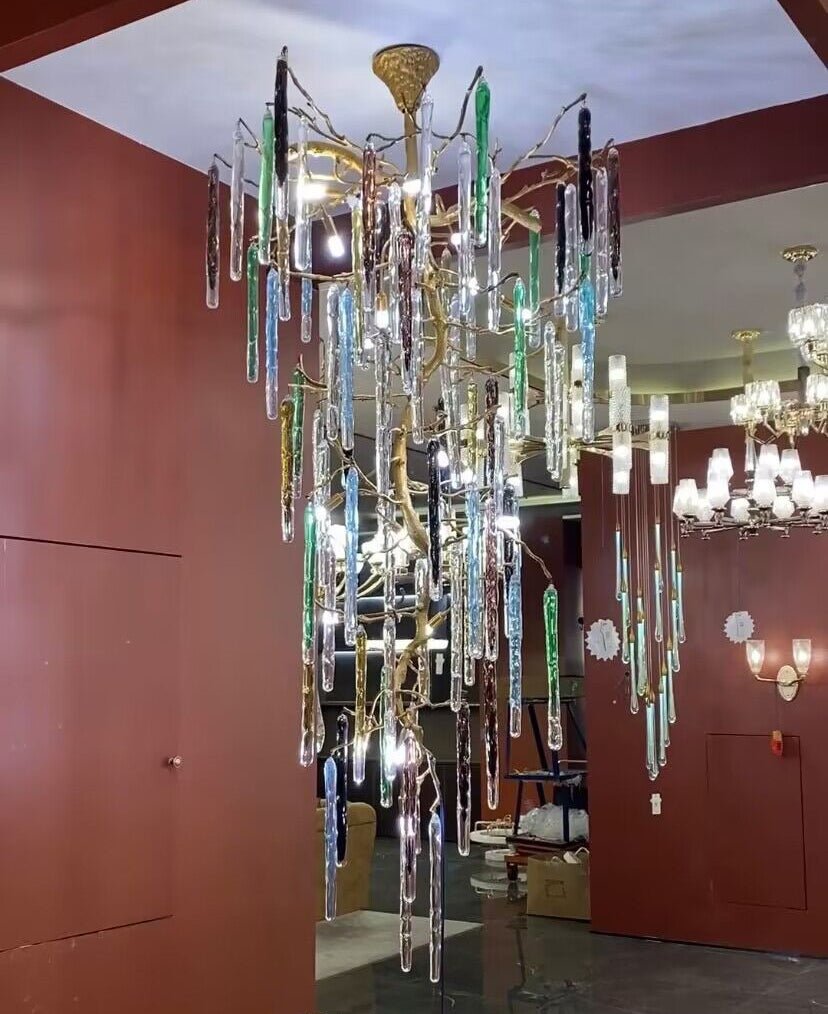 Modern Light Luxury Brass Branches Colored Glass Column Chandelier for Staircase/Living Room/High-ceiling Space