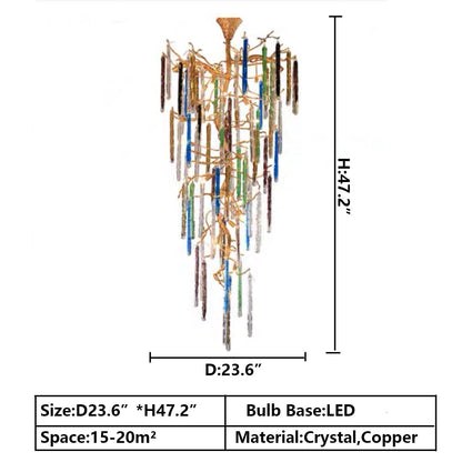 Modern Light Luxury Brass Branches Colored Glass Column Chandelier for Staircase/Living Room/High-ceiling Space