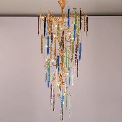 Modern Light Luxury Brass Branches Colored Glass Column Chandelier for Staircase/Living Room/High-ceiling Space