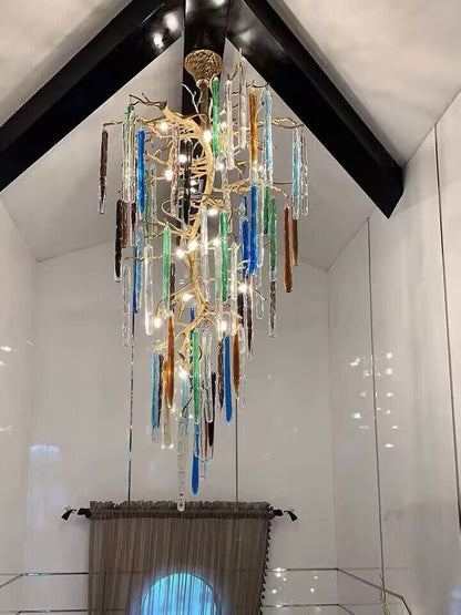 Modern Light Luxury Brass Branches Colored Glass Column Chandelier for Staircase/Living Room/High-ceiling Space