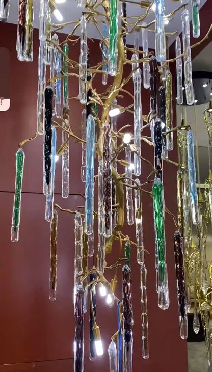 Modern Light Luxury Brass Branches Colored Glass Column Chandelier for Staircase/Living Room/High-ceiling Space